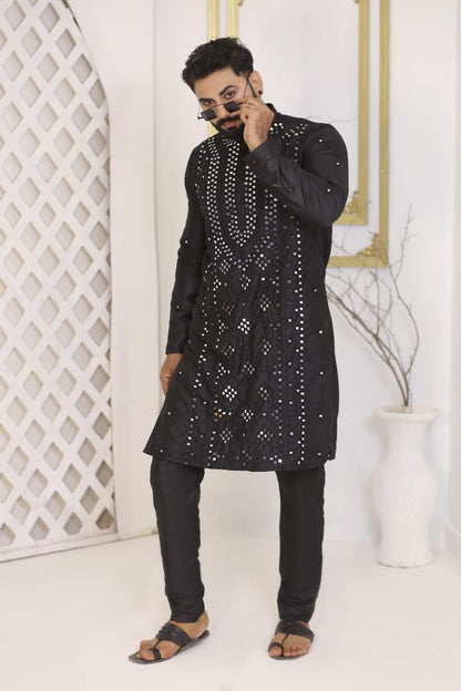 Jet Black Heavy Mirror Work Silk Kurta
