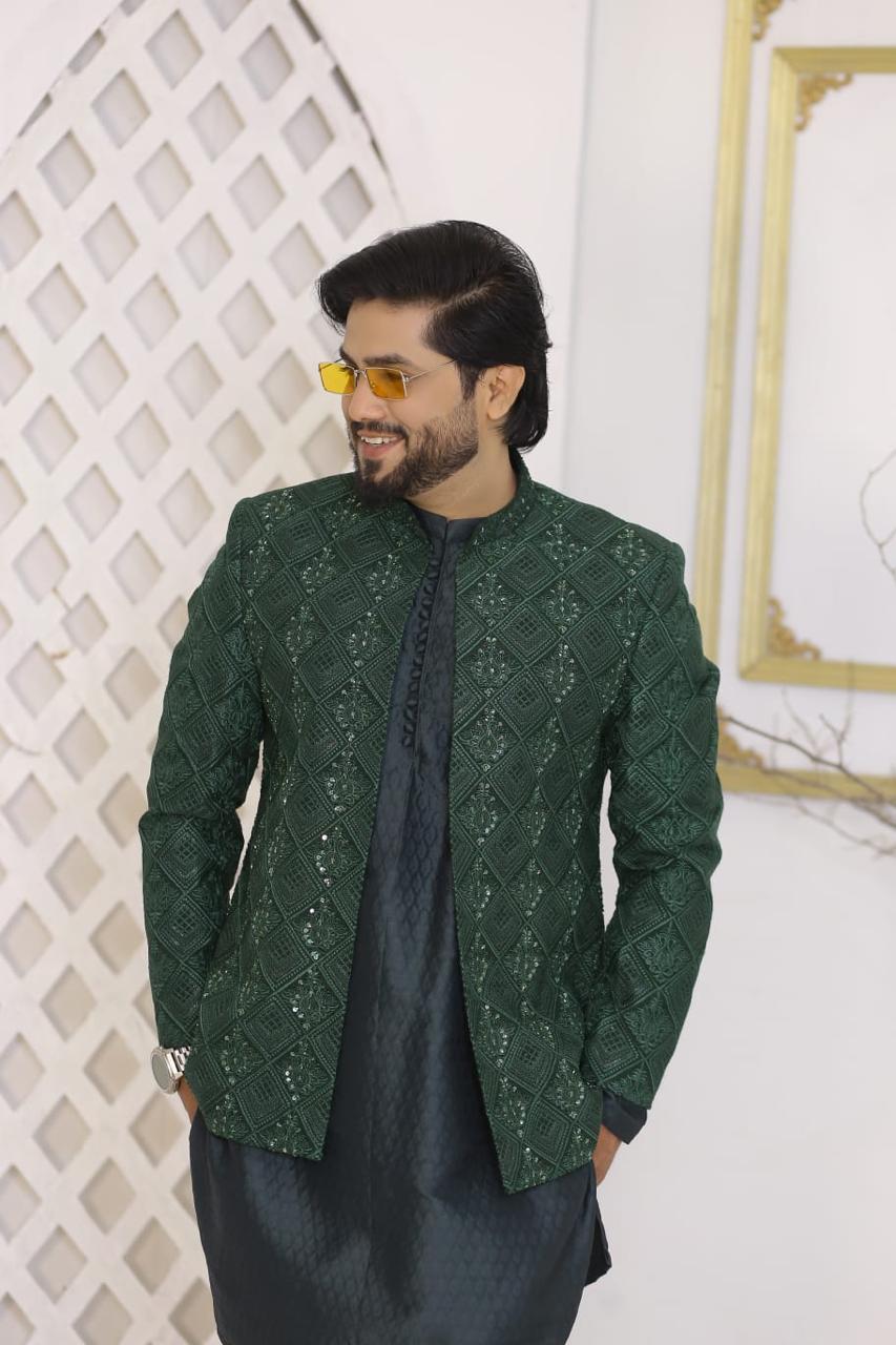Emerald Green Heavy Sequins & Embroidered Prince Coat
