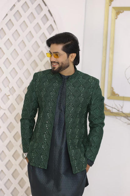 Emerald Green Heavy Sequins & Embroidered Prince Coat