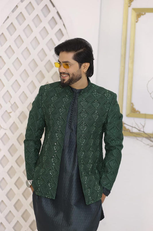 Emerald Green Heavy Sequins & Embroidered Prince Coat