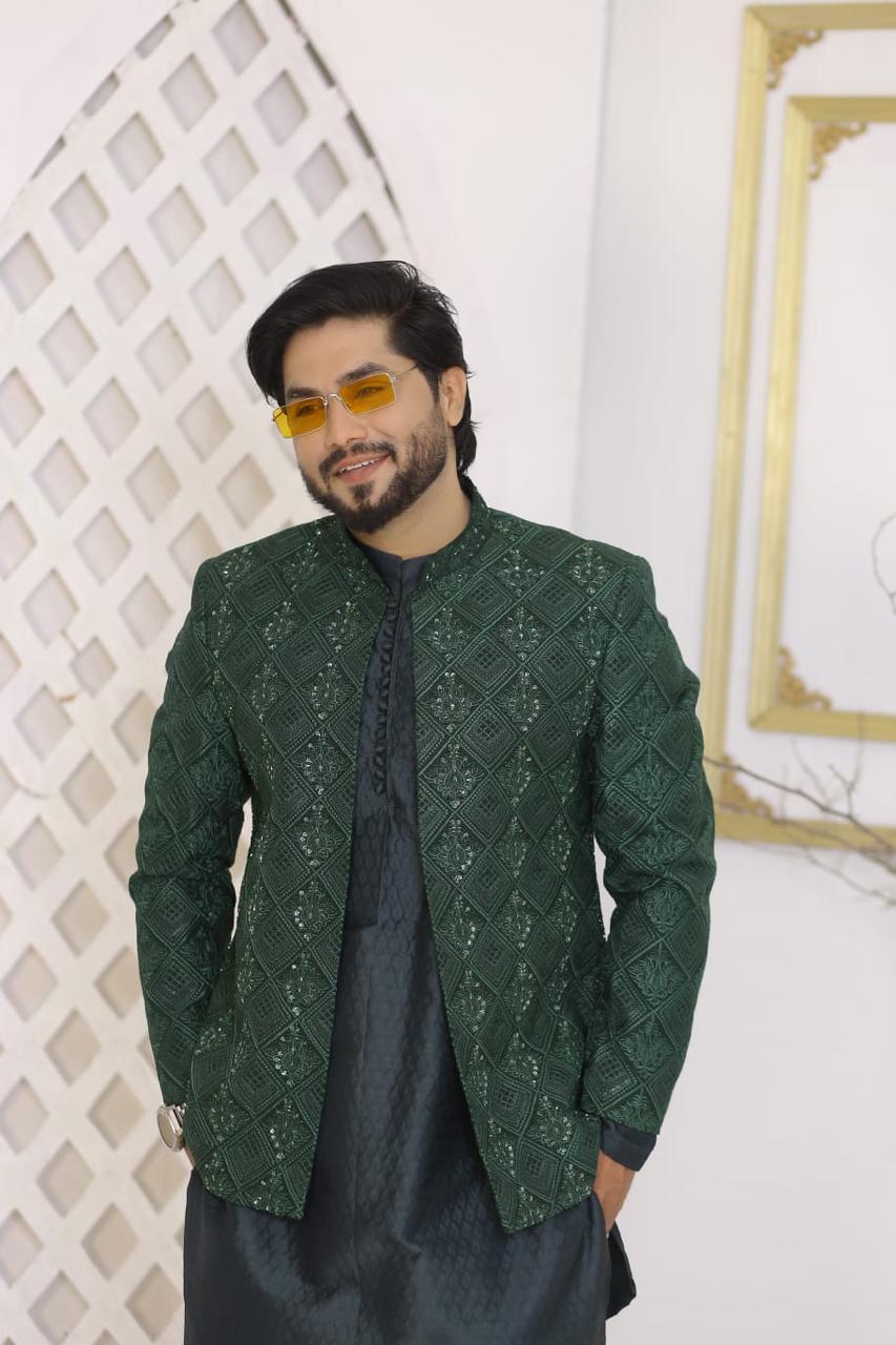 Emerald Green Heavy Sequins & Embroidered Prince Coat
