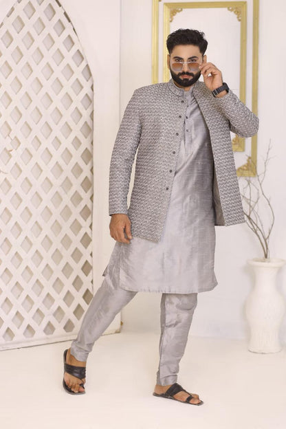Silver-Grey Heavy Sequins Designer Prince Coat