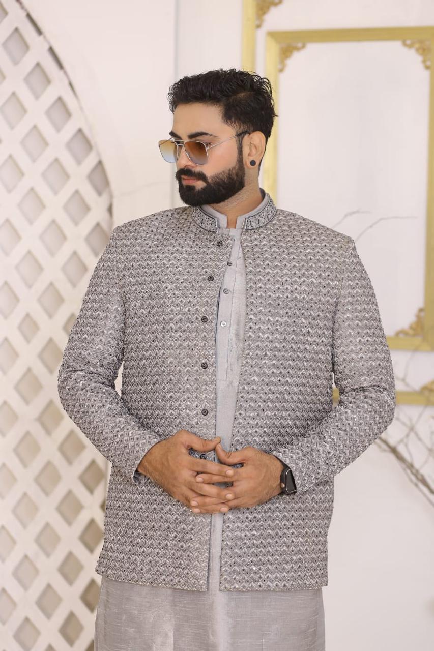 Silver-Grey Heavy Sequins Designer Prince Coat