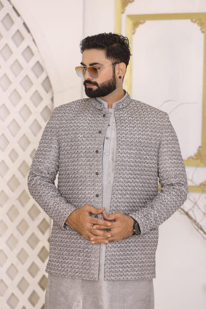 Silver-Grey Heavy Sequins Designer Prince Coat