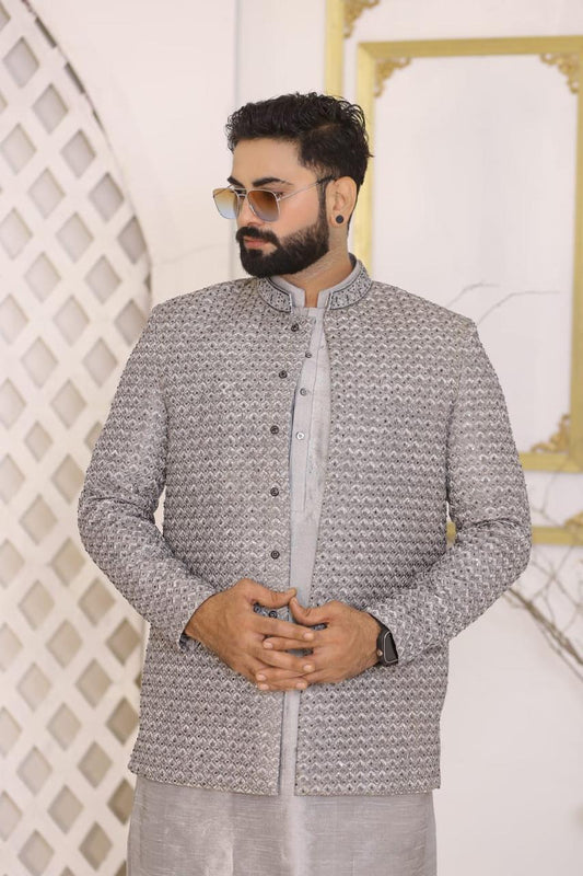 Silver-Grey Heavy Sequins Designer Prince Coat