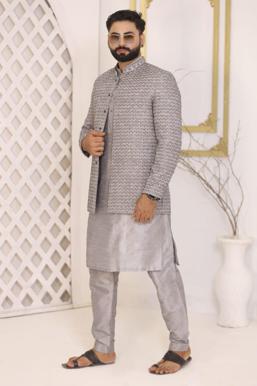 Silver-Grey Heavy Sequins Designer Prince Coat