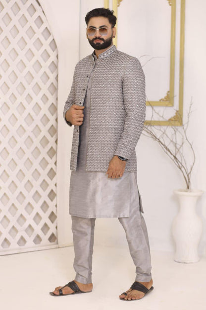 Silver-Grey Heavy Sequins Designer Prince Coat