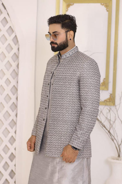 Silver-Grey Heavy Sequins Designer Prince Coat
