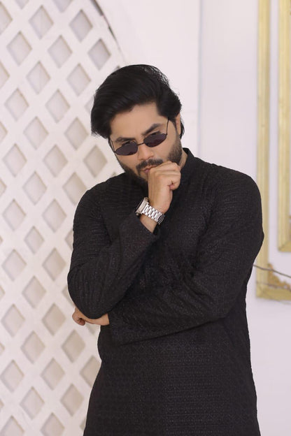 Jet Black Self-Embroidered Chikankari Kurta