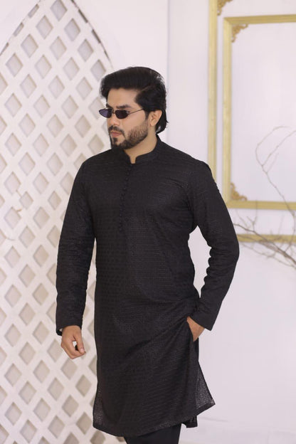 Jet Black Self-Embroidered Chikankari Kurta