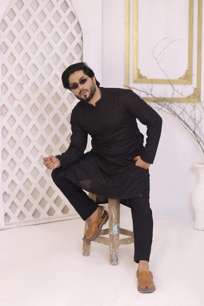 Jet Black Self-Embroidered Chikankari Kurta