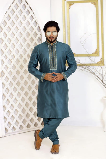 Teal Blue Embroidered Raw Silk Kurta Trouser