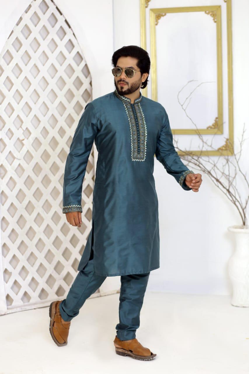 Teal Blue Embroidered Raw Silk Kurta Trouser