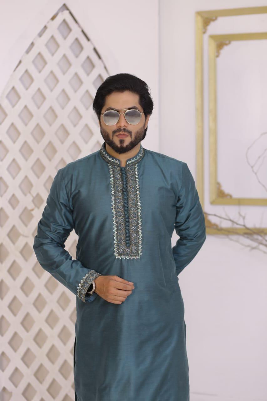 Teal Blue Embroidered Raw Silk Kurta Trouser