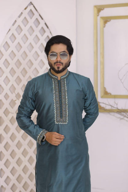Teal Blue Embroidered Raw Silk Kurta Trouser