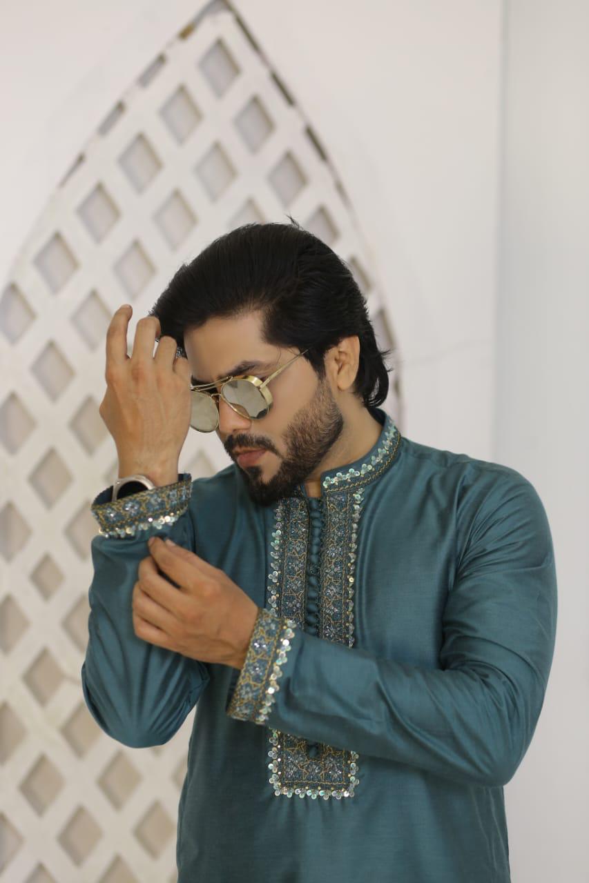 Teal Blue Embroidered Raw Silk Kurta Trouser