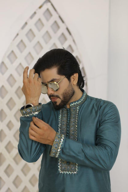 Teal Blue Embroidered Raw Silk Kurta Trouser