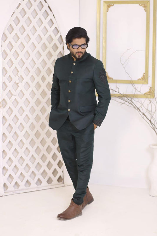 Regal Dark Green Embroidered Jodhpuri Prince Coat