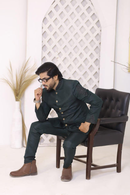 Regal Dark Green Embroidered Jodhpuri Prince Coat