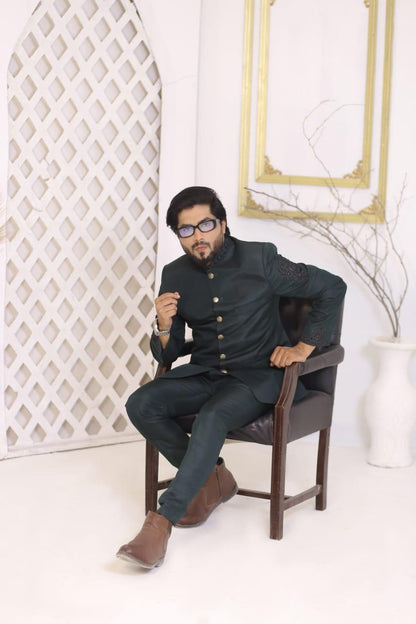 Regal Dark Green Embroidered Jodhpuri Prince Coat