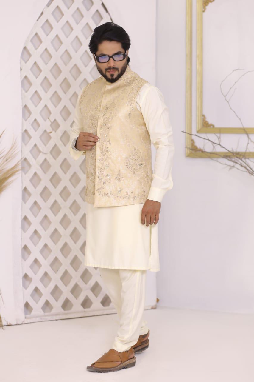 Light Gold Embroidered Jamawar Waistcoat