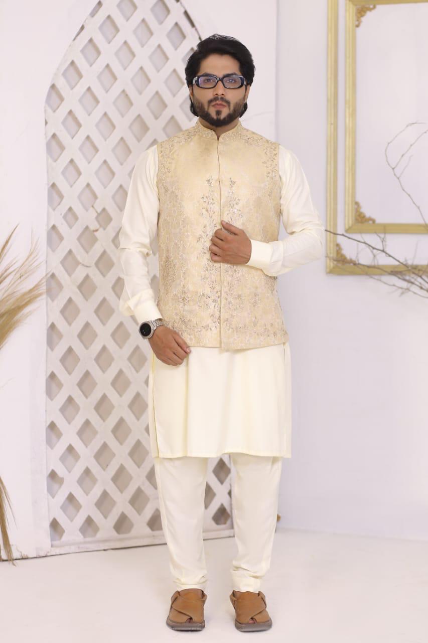 Light Gold Embroidered Jamawar Waistcoat