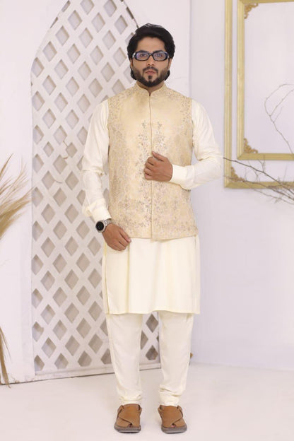 Light Gold Embroidered Jamawar Waistcoat