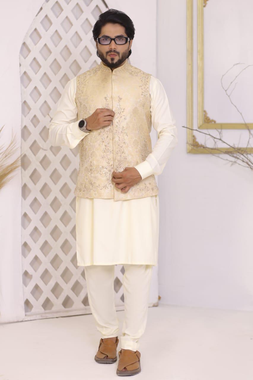 Light Gold Embroidered Jamawar Waistcoat