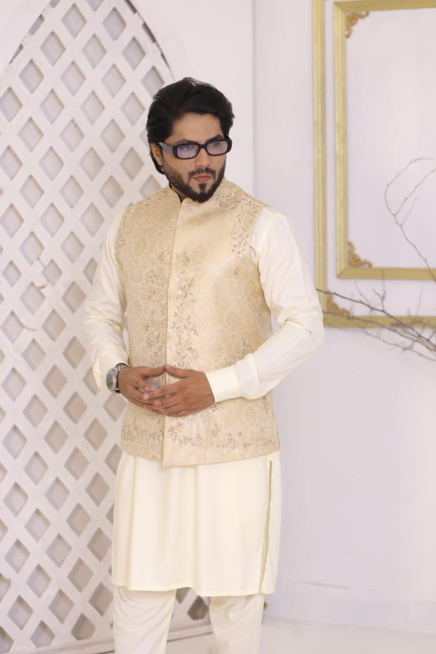 Light Gold Embroidered Jamawar Waistcoat