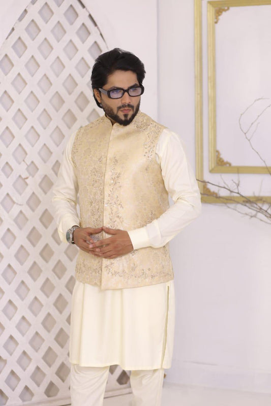 Light Gold Embroidered Jamawar Waistcoat