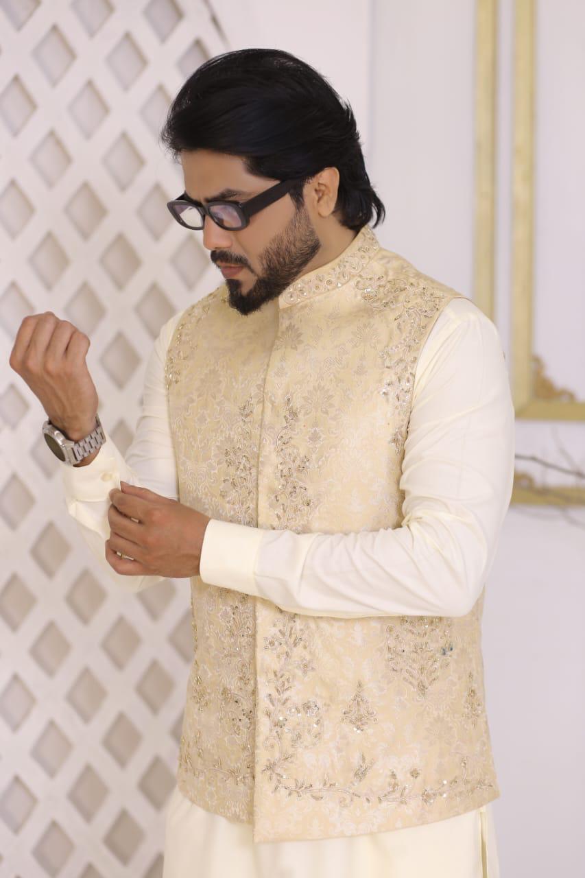 Light Gold Embroidered Jamawar Waistcoat