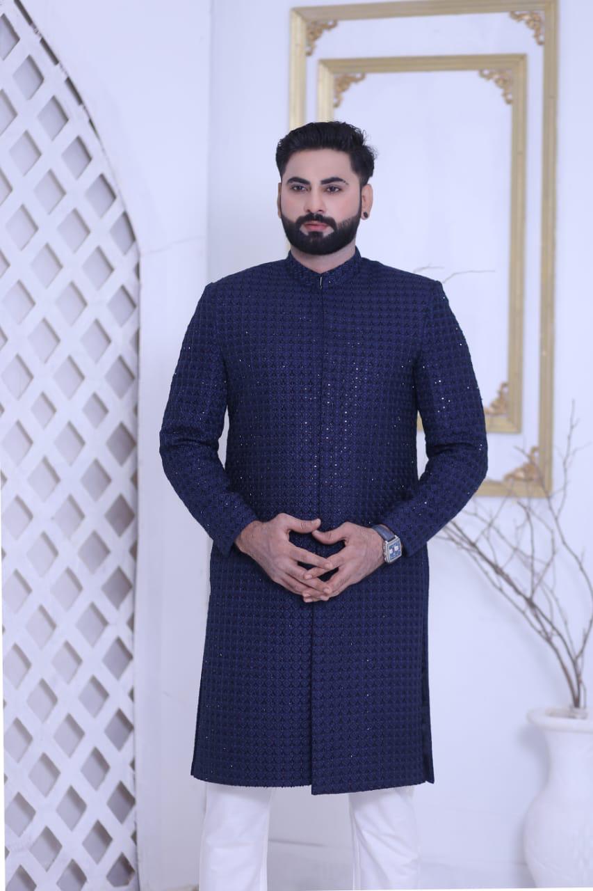Midnight Navy Blue Sequins Embroidered Groom Sherwani