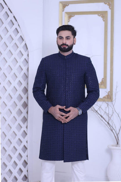 Midnight Navy Blue Sequins Embroidered Groom Sherwani