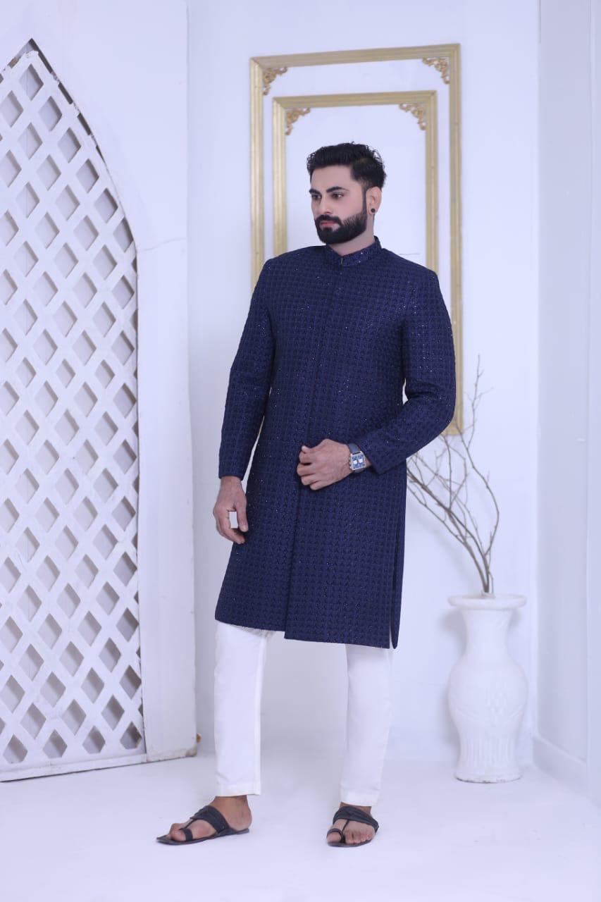 Midnight Navy Blue Sequins Embroidered Groom Sherwani