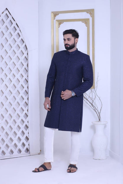 Midnight Navy Blue Sequins Embroidered Groom Sherwani