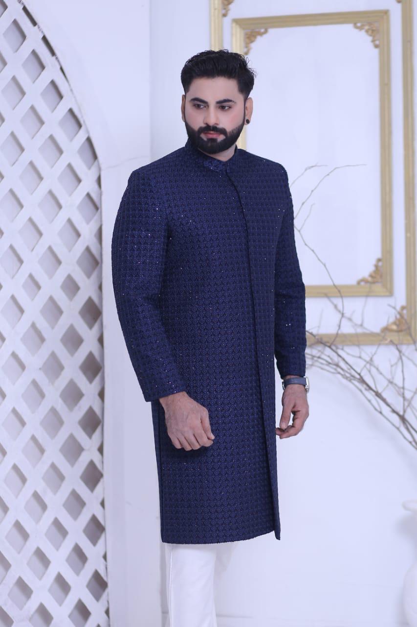 Midnight Navy Blue Sequins Embroidered Groom Sherwani