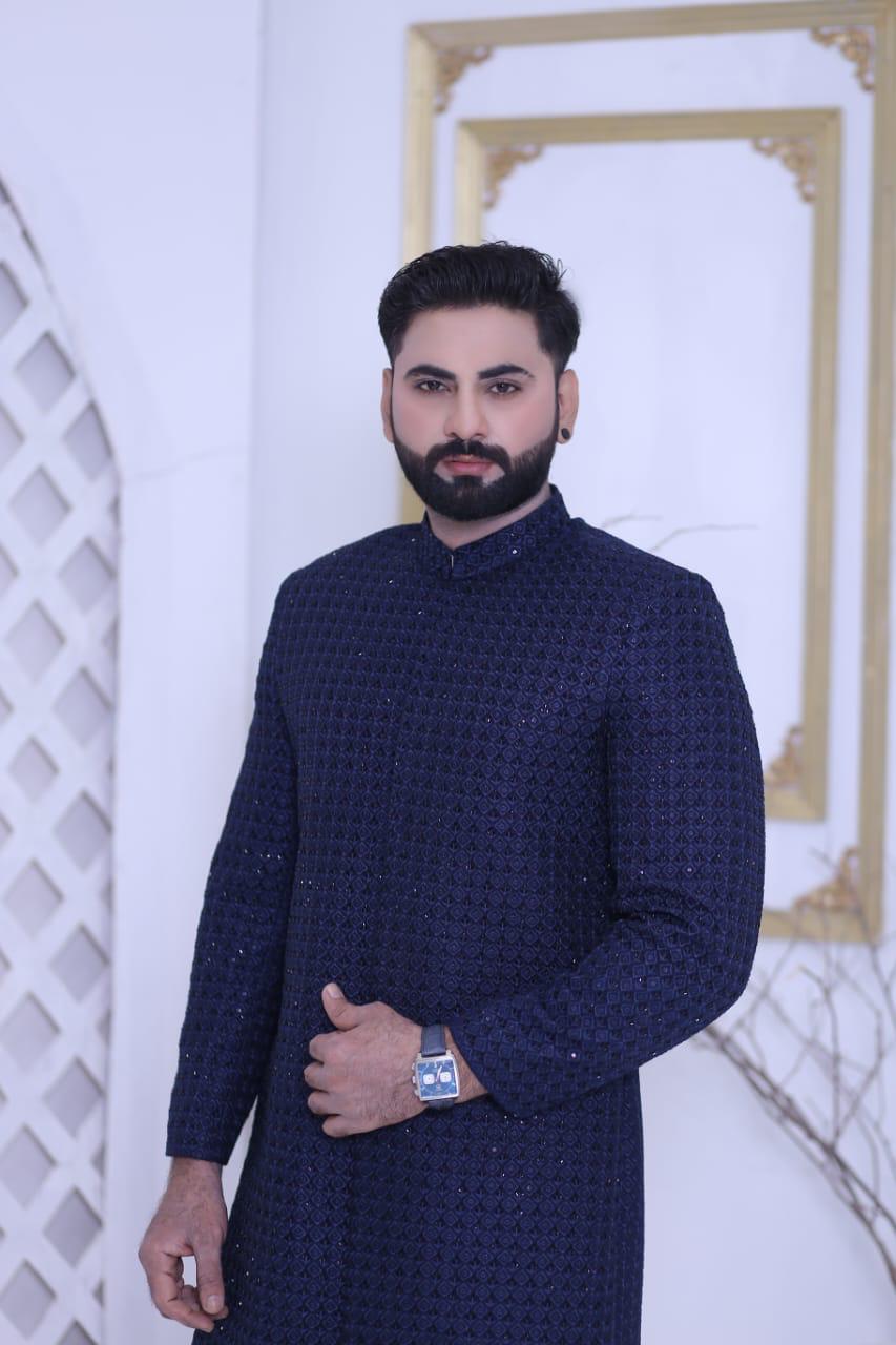 Midnight Navy Blue Sequins Embroidered Groom Sherwani