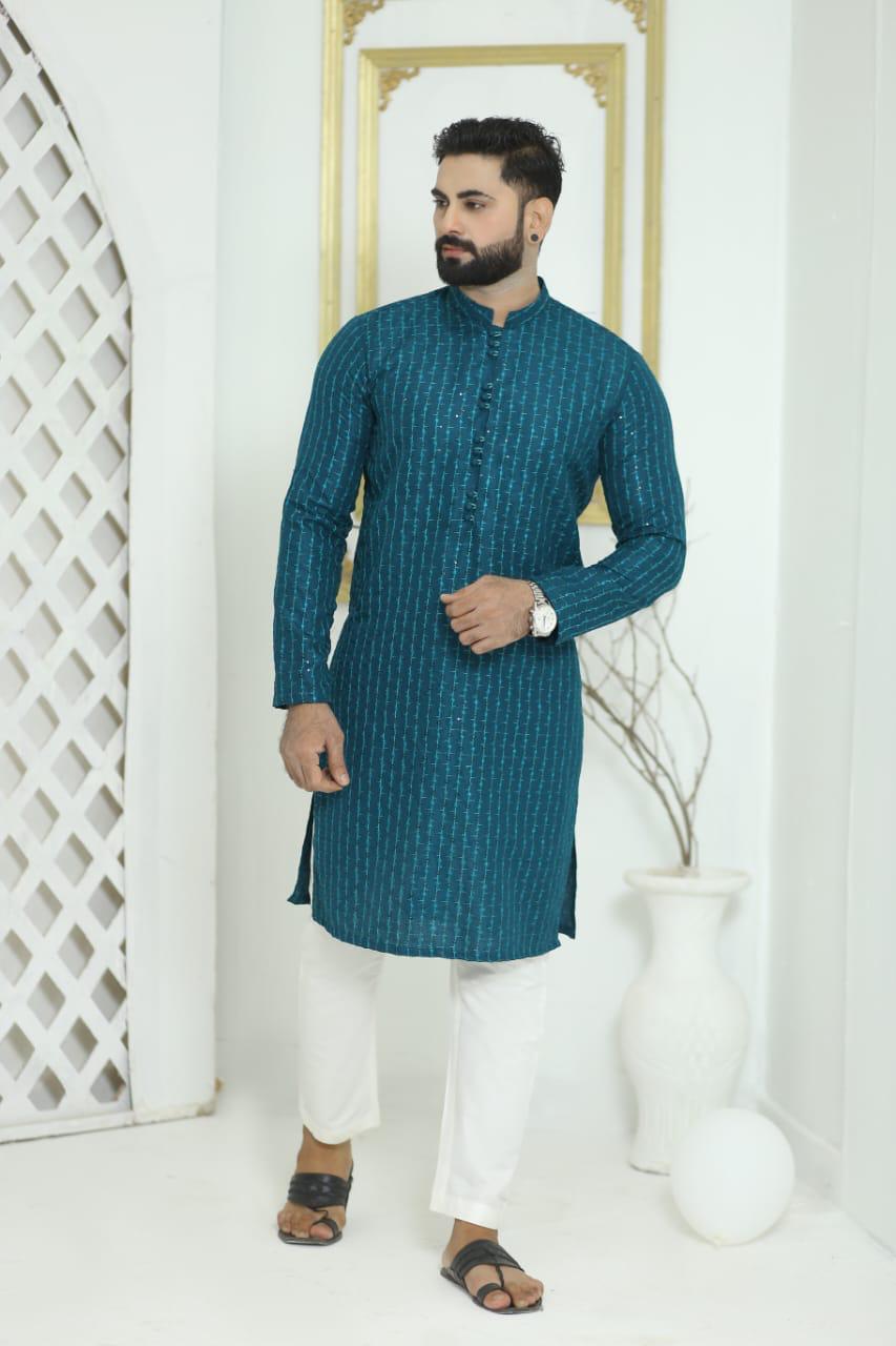 Peacock Blue Striped Sequins Embroidered Designer Kurta