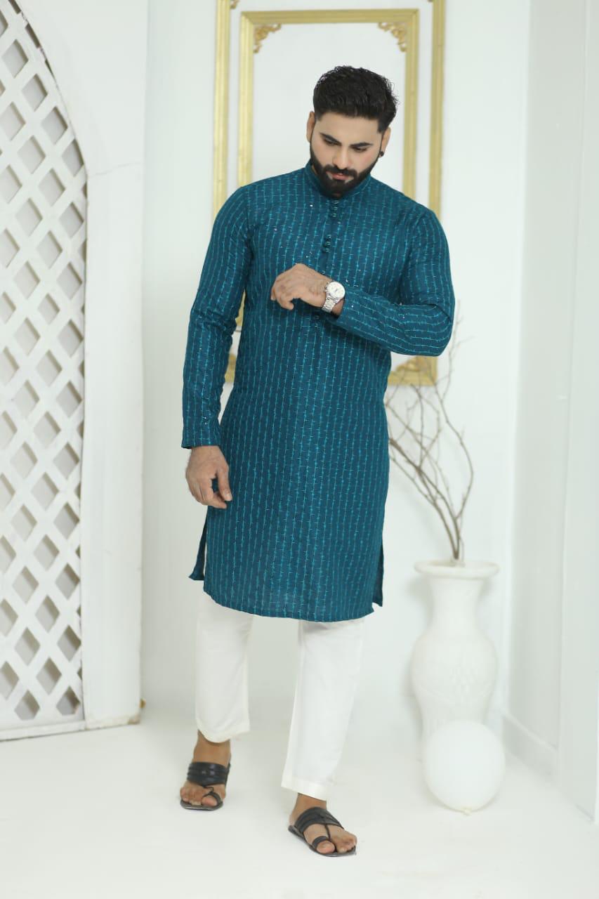Peacock Blue Striped Sequins Embroidered Designer Kurta