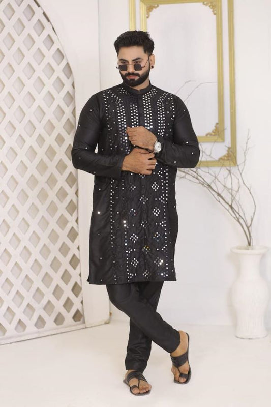 Jet Black Heavy Mirror Work Silk Kurta